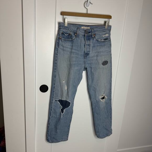 Levi’s Wedgie Straight Distressed Patches Ankle Crop High Rise Jeans Size 28 - Picture 1 of 7